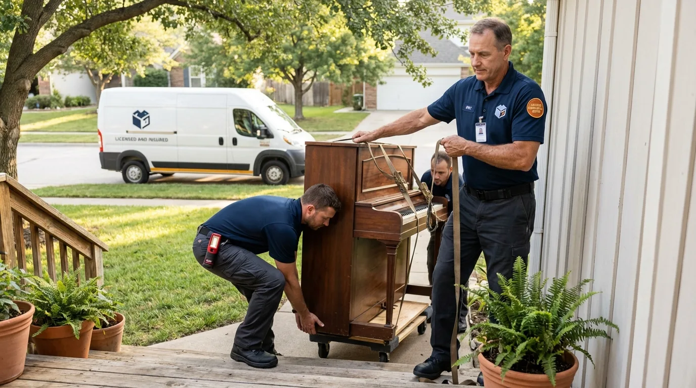 Licensed piano movers securing grand piano in Halifax, NC