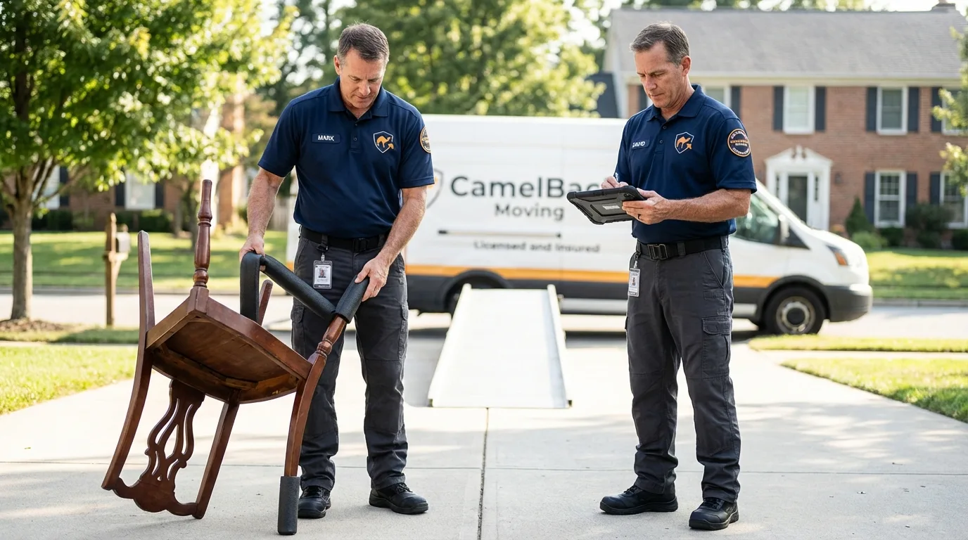 Movers inspecting furniture for damage prevention before loading in Halifax, NC