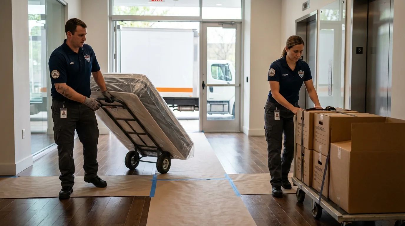 Professional apartment movers loading elevator in Halifax, NC