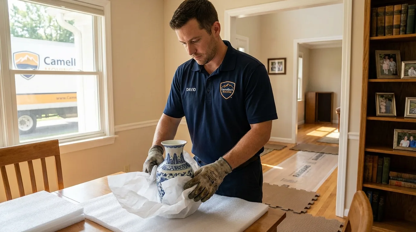 Professional crew carefully wrapping antique vase for senior downsizing move in Halifax, NC
